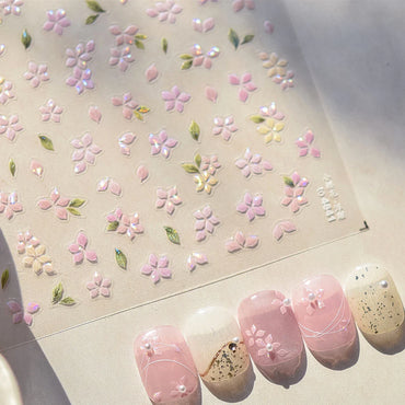 Pink Cherry Blossoms Peach Flower Petal Green Leaf Greenery 5D Embossed Relief Self Adhesive Nail Art Sticker 3D Manicure Decals (ONLINE ORDER ONLY)