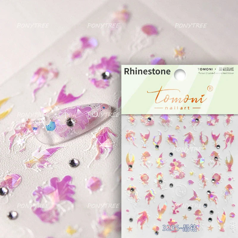 Pink Star Oceanic Shell Starfish Conch Bowknot Embossment Shiny Delicate 5D Chic Self Adhesive Nail Art Stickers Manicure Decals (Online Order Only)
