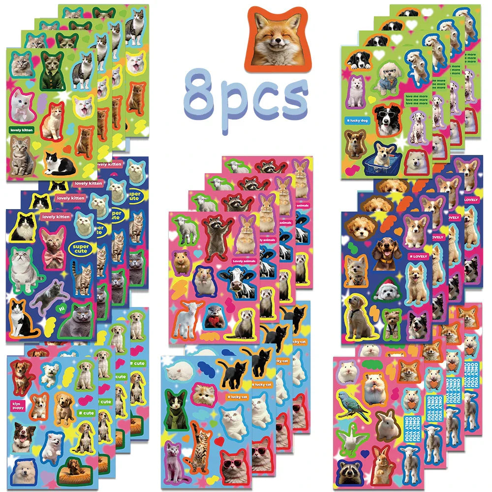 8 Sheets Cute Cat Dog Animal Stickers for Scrapbooking, Luggage, Laptop, Skateboard (Online Order Only)