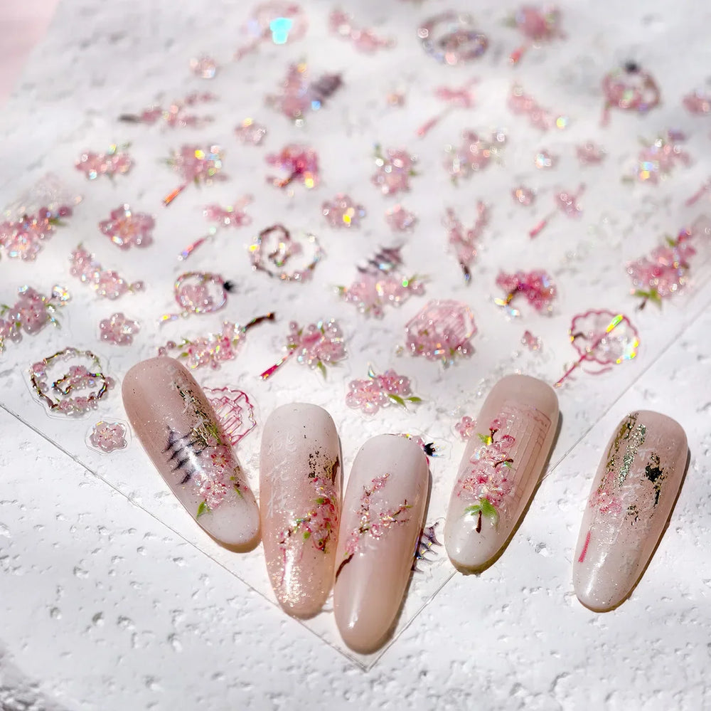 Romantic Pink Peach Blossom Tower Circular Fan Hollowed Window Tassel Pendant Antique Tree Chic Nail Art Stickers Manicure Decal (ONLINE ORDER ONLY)