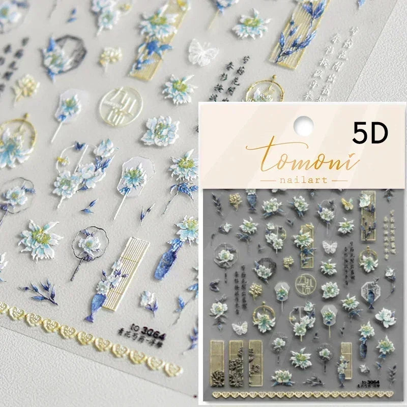 Red Plum Blossom Flower Chinese 3D Self Adhesive Nail Art Decoration Stickers Cheongsam Iris Lily Lotus Vase 5D Manicure Decals (ONLINE ORDER ONLY)