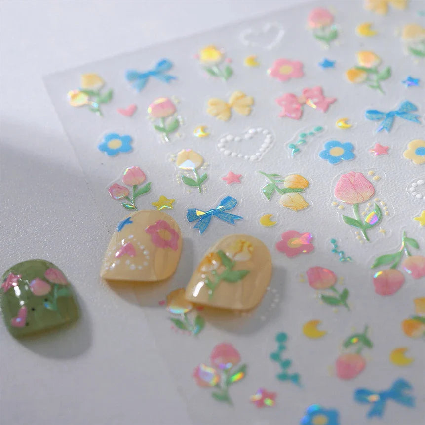 Lovely Bowknot Flower Shiny Star Love Heart Vibrant and Lively Tulip Moon Self Adhesive Nail Art Stickers Relief Manicure Decals (ONLINE ORDER ONLY)