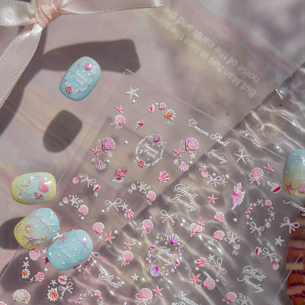 Pink Star Oceanic Shell Starfish Conch Bowknot Embossment Shiny Delicate 5D Chic Self Adhesive Nail Art Stickers Manicure Decals (Online Order Only)