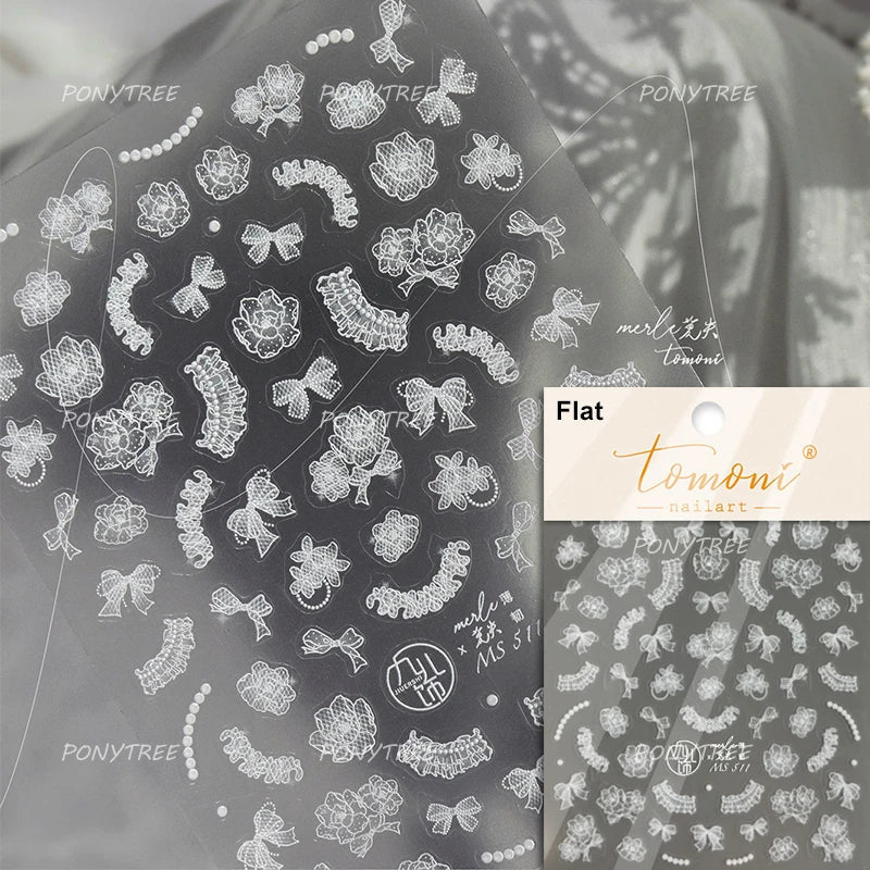 Cute 3D White Rose Flower Lace Bud Silk Bowknot Butterfly Dreamy Shiny Relief Chic Self Adhesive Nail Art Sticker Manicure Decal (ONLINE ORDER ONLY)