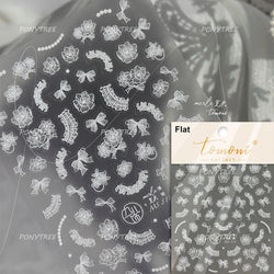 Dreamy Lace Rose Flower Fabric Art Tender Gauze Gird Pearl Pendant Irregular Pattern Nail Art Stickers Decoration Manicure Decal (ONLINE ORDER ONLY)