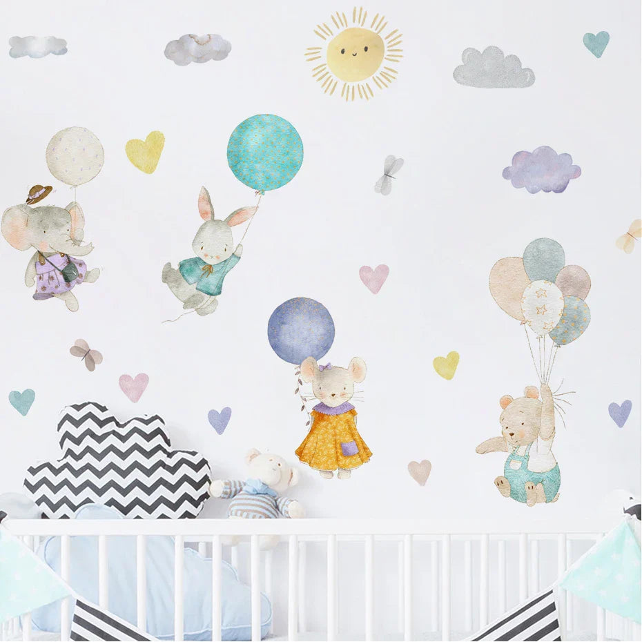 Watercolor Cartoon Balloon Animals Sun Cloud Wall Stickers for Kids Nursery Decor (Online Order Only)