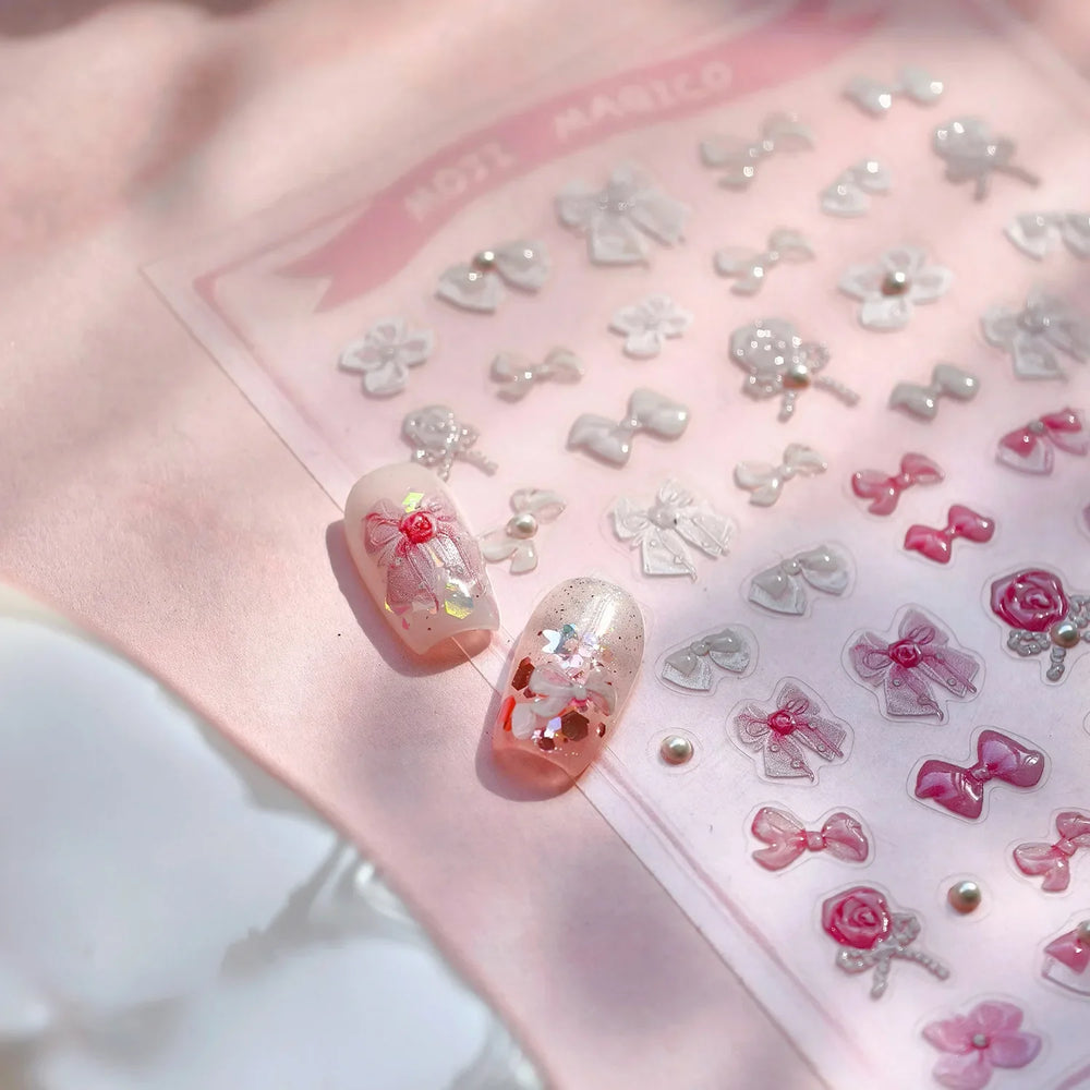 Chic Pink White Rose Flower Lace Bowknot Ribbon Jelly 5D Pearl Romantic Charming Self Adhesive Nail Art Sticker Manicure Decals (ONLINE ORDER ONLY)