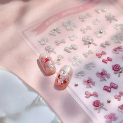 Chic Pink White Rose Flower Lace Bowknot Ribbon Jelly 5D Pearl Romantic Charming Self Adhesive Nail Art Sticker Manicure Decals (ONLINE ORDER ONLY)