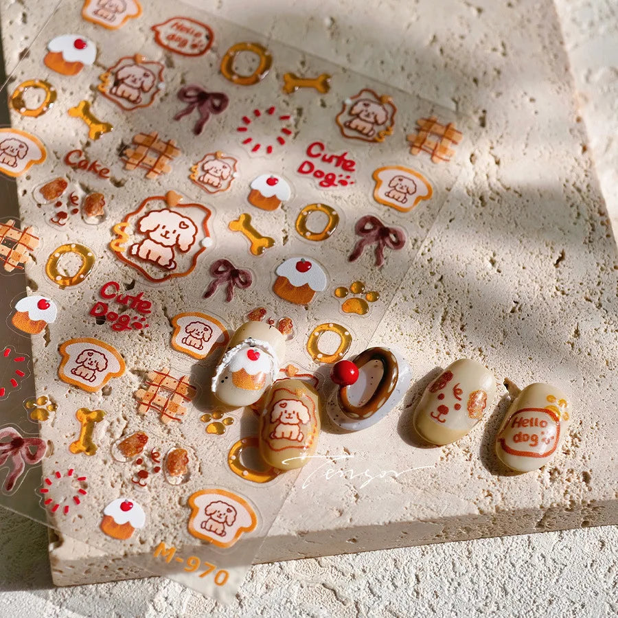 Lovely Dog Bone Bowknot Bread Graffiti Cake Cherry 3D Line Paw Adhesive Nail Art Stickers Cute Cartoon Manicure Decals Wholesale (ONLINE ORDER ONLY)
