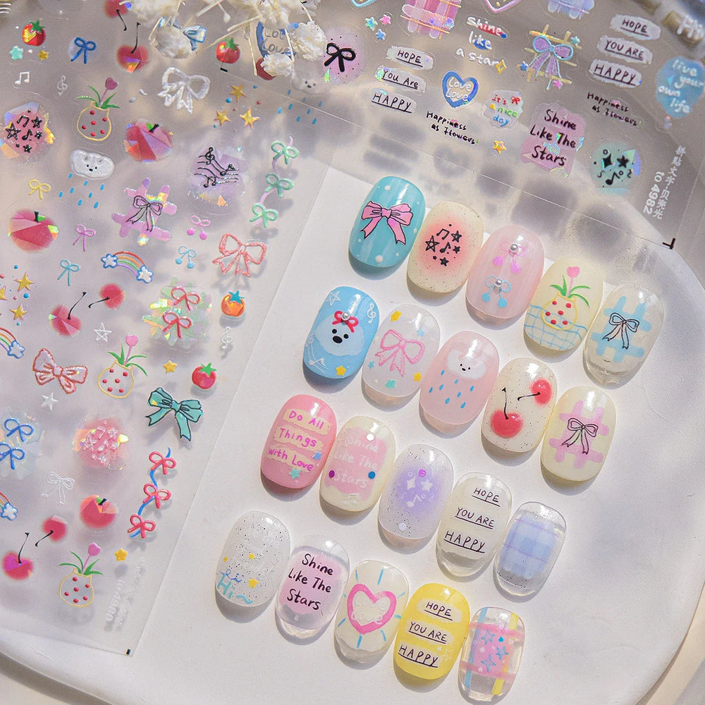 Dyeing Apple Cherry Fruit Dog Puppy Bowknot Colorful Cartoon Graffiti Reliefs Adhesive Nail Art Stickers Flowers Manicure Decals (ONLINE ORDER ONLY)