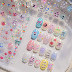 Dyeing Apple Cherry Fruit Dog Puppy Bowknot Colorful Cartoon Graffiti Reliefs Adhesive Nail Art Stickers Flowers Manicure Decals (ONLINE ORDER ONLY)