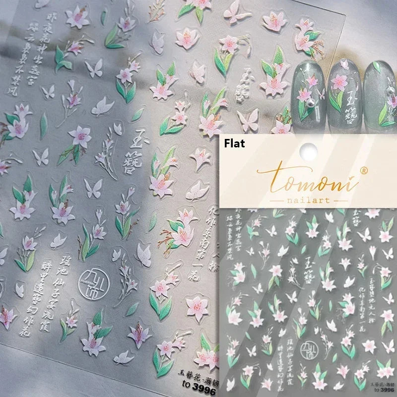 Gradient Coloredful Flower Petal Green Leaf Dreamy Shiny Chinese Rose Fantasy Relief Adhesive Nail Art Stickers Manicure Decals (Online Order Only)