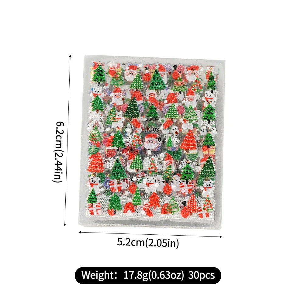 30Sheet 3D Glitter Christmas Nail Art Stickers Santa Claus Snowflake Elk Christmas Tree Design Nail Decals Cartoon Nail Supplies (Online Order Only)
