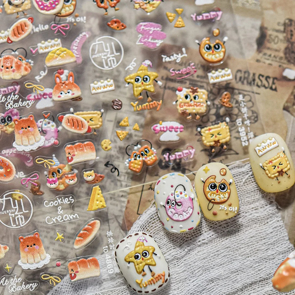 Cute Baking Cookies Bread Bread Cheese Pudding Chocolate Croissant Doughnut Adhesive Nail Art Decoration Sticker Manicure Decals (ONLINE ORDER ONLY)