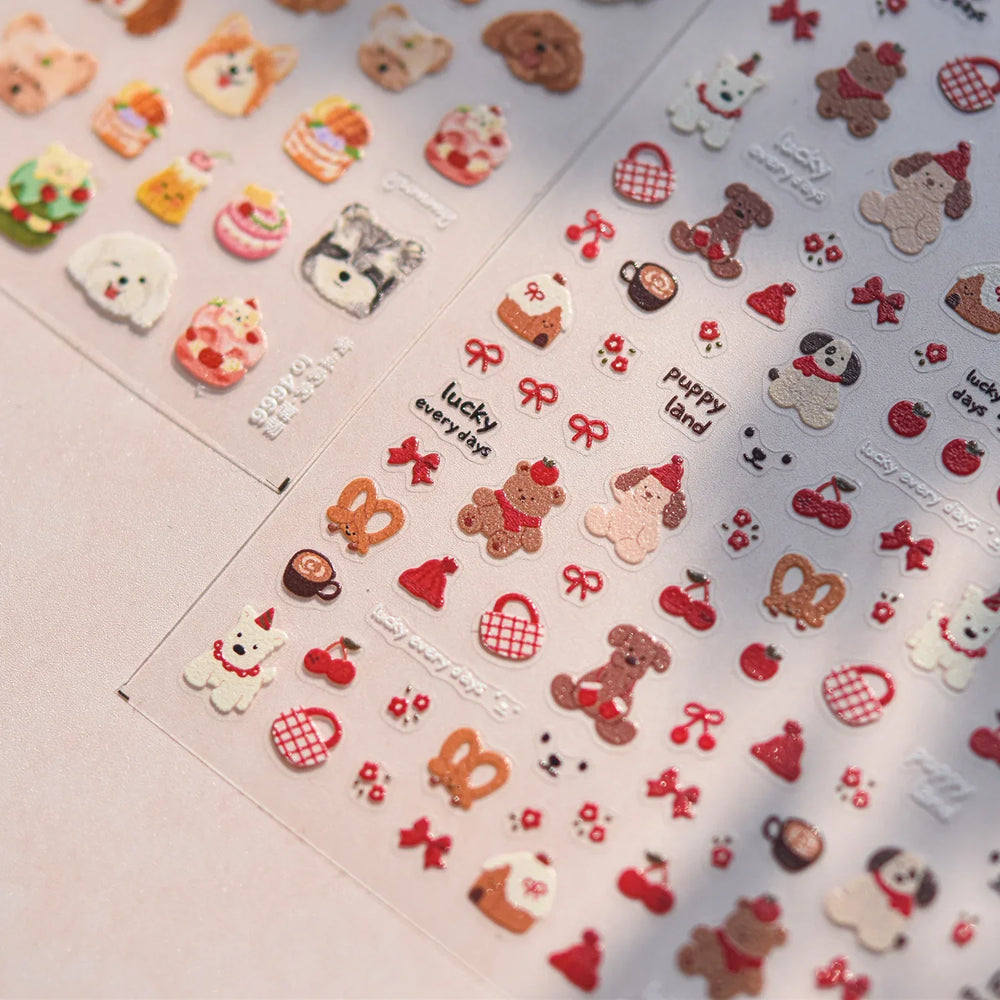 Cute Bowknot Dog Puppy Bear Strawberry Cake Fruit Juice Coffee Desserts Corgi Cherry Adhesive Nail Art Stickers Manicure Decals (ONLINE ORDER ONLY)