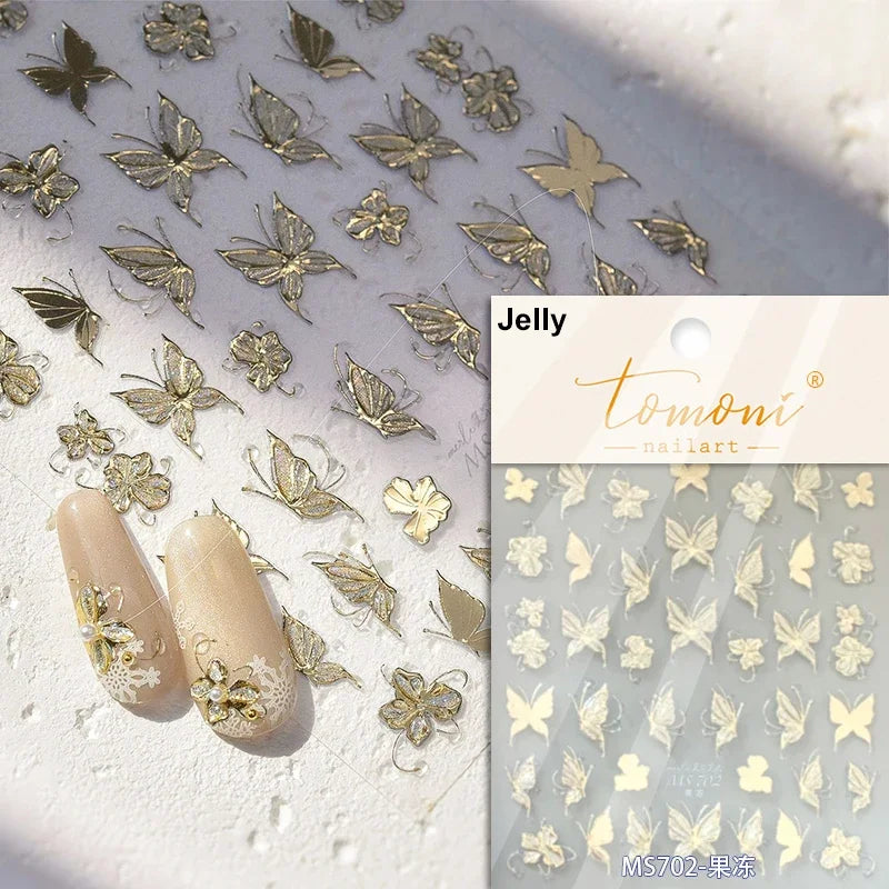 Charming Golden Gradient Shiny Rhinestone Jelly Butterfly Flower Petal Bowknot 3D Self Adhesive Nail Art Sticker Manicure Decals (ONLINE ORDER ONLY)