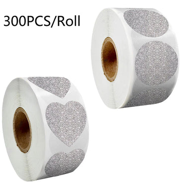 300pcs/roll Exquisite Silver Shiny Dot Heart Shaped Stickers Seal Labels for Gift Package Glitter Card Handmade Decoration (Online Order Only)
