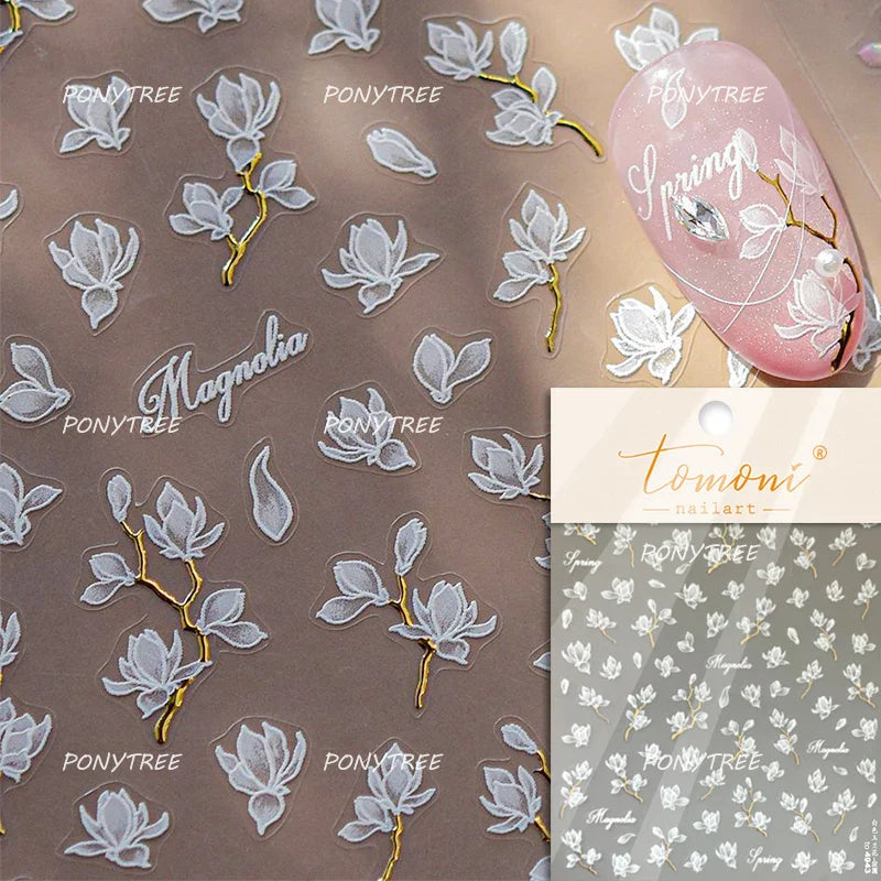 Trumpet Creeper White Flower Purple Leaves Antique Special Characters 5D Soft Relief Adhesive Nail Art Stickers Manicure Decals (ONLINE ORDER ONLY)