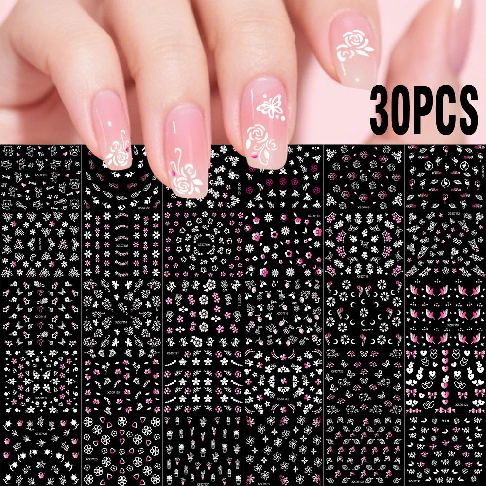 30pcs/Set White Pink Flower 3D Nail Sticker Daisy Butterfly Love Heart Hibiscus Petals Floral DIY Spring Summer Nail Decoration* (ONLINE ORDER ONLY)