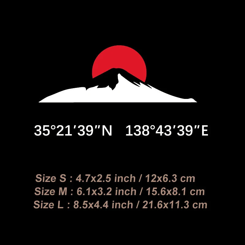 The rising red sun and Mount Fuji Stickers with its longitude and latitude decal,creative&fashion decal for car  laptop (ONLINE ORDER ONLY)