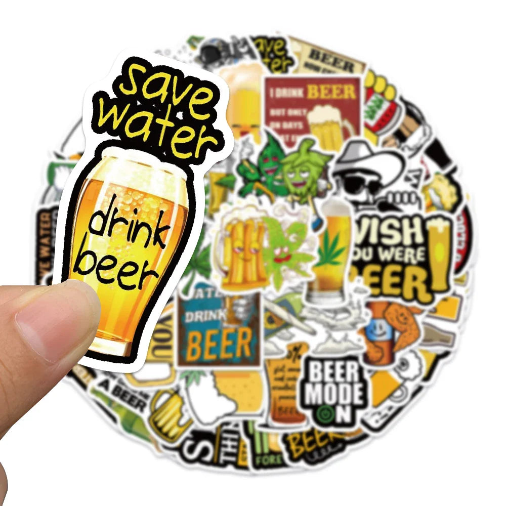 50pcs Funny Cartoon Beer Stickers For Luggage Guitar Phone Skateboard Vinyl Waterproof Graffiti Car Laptop Decals (ONLINE ORDER ONLY)