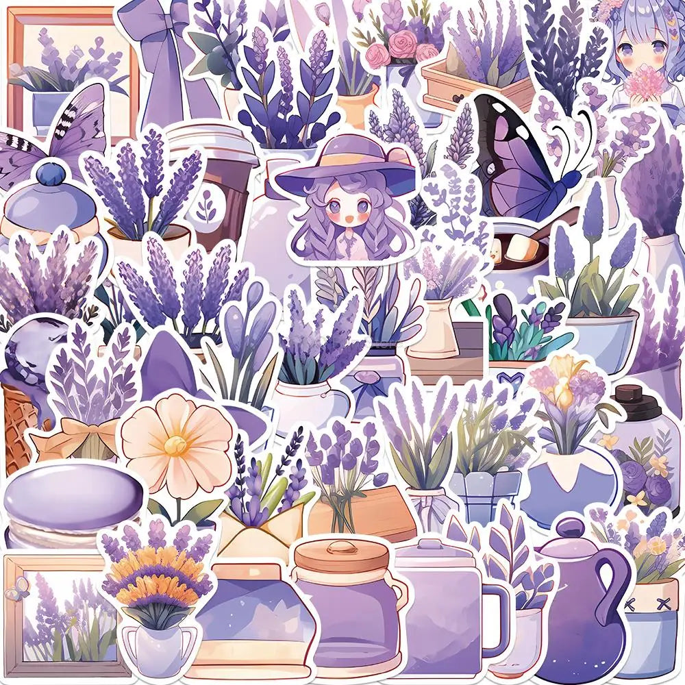 Cartoon Lavender Flower Stickers 10/25/50PCS Aesthetic Decals for Laptop, Scrapbook, Phone, Kids, Girls (Online Order Only)