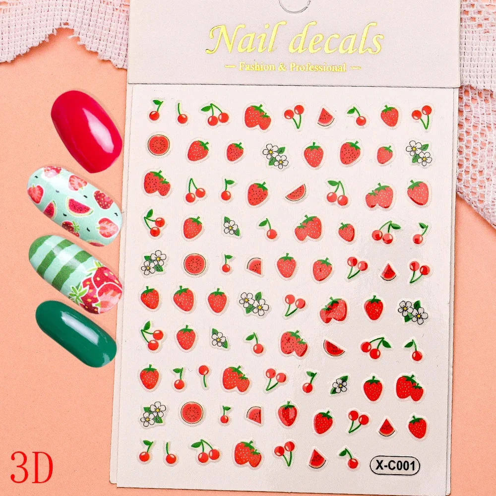 1Pc Sweet Cute Fresh Red Cherry Pattern Nail Stickers Self Adhesive Fruit Design Decals Women & Girls Homemade Manicure Supplies (ONLINE ORDER ONLY)