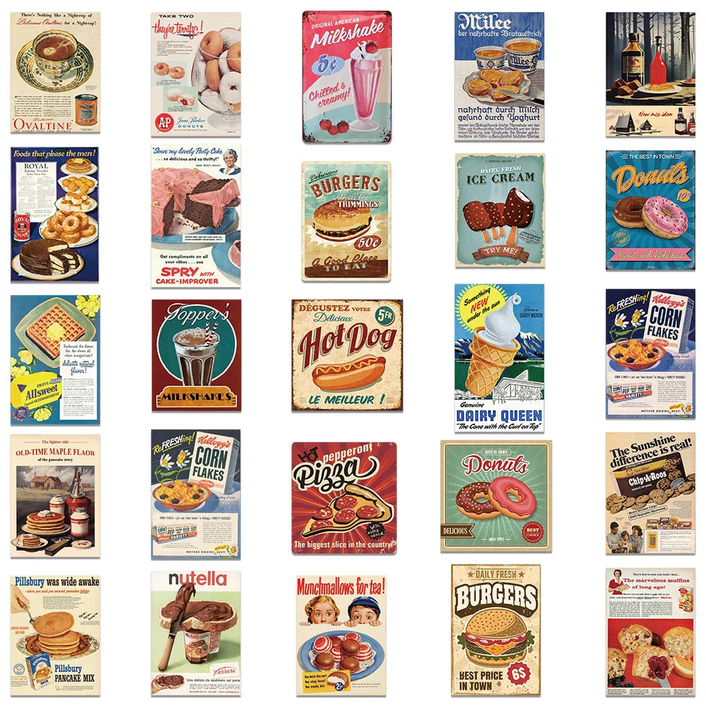 50pcs Retro Cartoon Food Stickers For Laptop Water Bottle Luggage Notebook DIY Waterproof Graffiti Vinyl Decals (ONLINE ORDER ONLY)