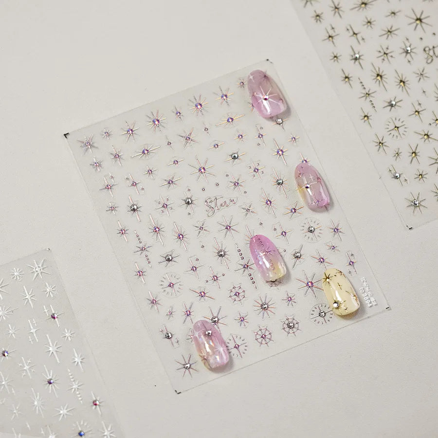 Gold Silver Star Laser Pink Colorful Glitter Starlight Sparkle Rhinestones Relief Nail Art Decorations Stickers Manicure Decals (ONLINE ORDER ONLY)