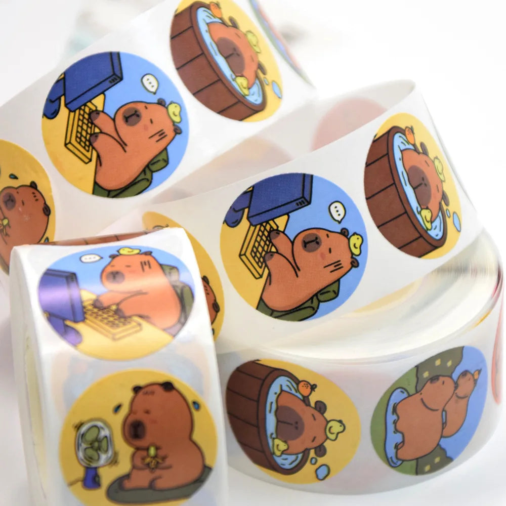 500Pcs Funny Cartoon Cute Capybara Varied Stickers Roll for Kids Phone Helmet Laptop Computer Decor Sealing Label Graffiti Decal (Online Order Only)