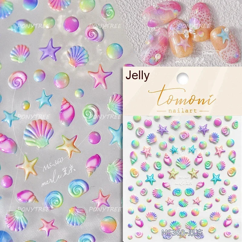 Marine Shell Starfish Ocean Elements Pearl Star Fishing Net Colourful Underwater Organisms 5D Nail Art Stickers Manicure Decals (Online Order Only)