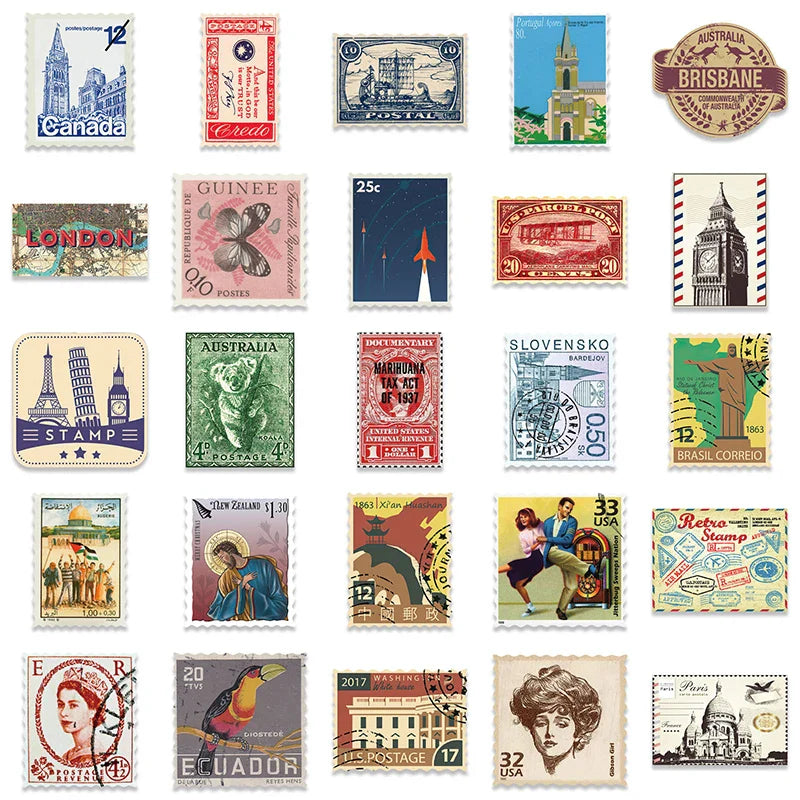10/30/50PCS Vintage Travel Sticker Stamps Designs Sticker Packs (ONLINE ORDER ONLY)