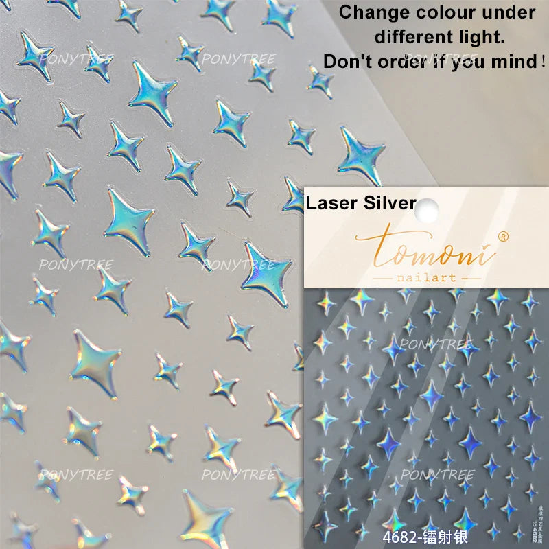 Punk Star Shiny Laser Five-pointed Star White Black Pink Hollow Out Delicate Sparkle Adhesive Nail Art Stickers Manicure Decals (ONLINE ORDER ONLY)