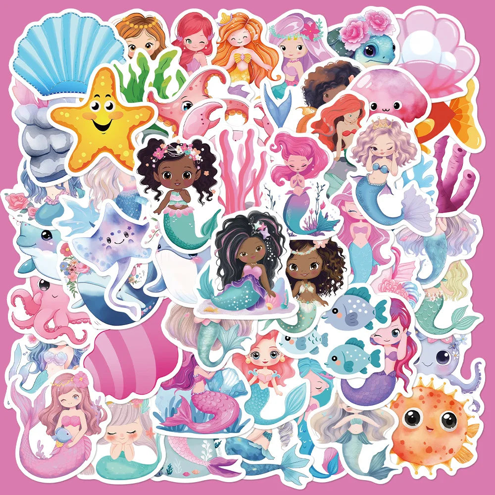 50pcs Cute Mermaid Cartoon Stickers for Helmet, Wall, DIY Decoration (Online Order Only)