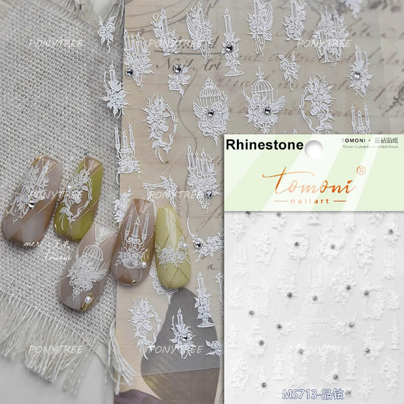 Retro White Lace Bandage Line Bowknot Irregular Fabric Cording Square Calligraphy Adhesive Nail Art Sticker 3D Manicure Decals (ONLINE ORDER ONLY)