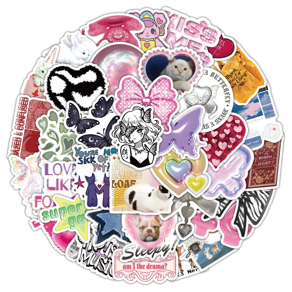 10/30/50PCS Cute Pink y2k Stickers Decoration Cartoon Decals DIY Phone Fridge Suitcase Guitar Scrapbook Helmet Car Sticker Toys (ONLINE ORDER ONLY)