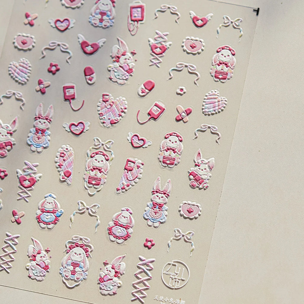 Bunny Love Heart Rabbit Nurse Cut Wound Bowknot Pill Flower Medicine Treatment Self Adhesive Nail Art Stickers Manicure Decals (ONLINE ORDER ONLY)