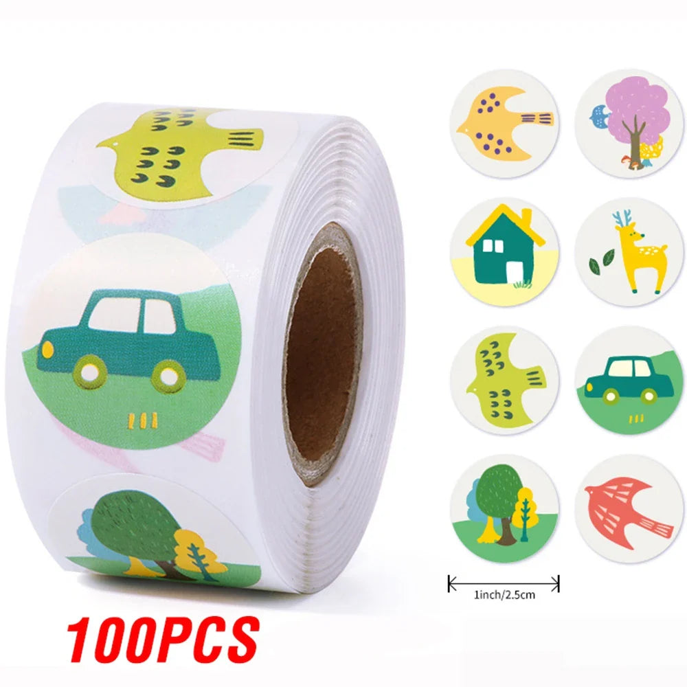 100-500pcs 1inch Cute Cartoon Stickers Round Reward Sticker Adhesive Labels for Classic School Teacher Kids Toy Sealing Lables (ONLINE ORDER ONLY)