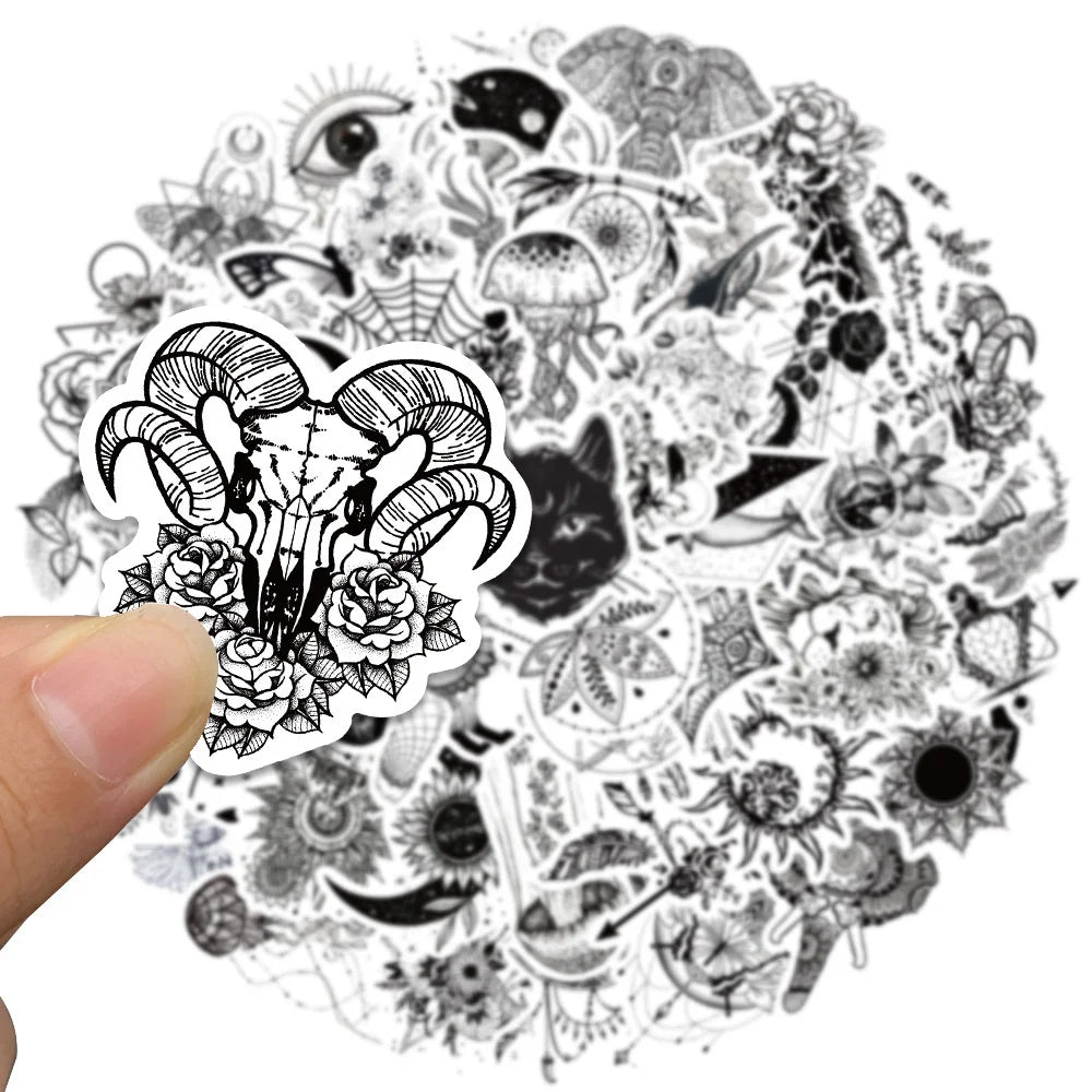 50pcs Black White Psychedelic Gothic Stickers Pack Stationery Laptop Phone Guitar Ipad Sticker DIY Scrapbooking Supplies (ONLINE ORDER ONLY)