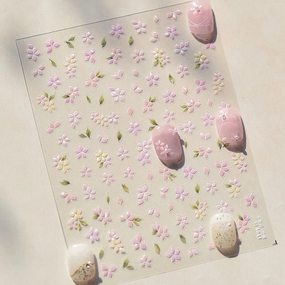Pink Cherry Blossoms Peach Flower Petal Green Leaf Greenery 5D Embossed Relief Self Adhesive Nail Art Sticker 3D Manicure Decals (ONLINE ORDER ONLY)