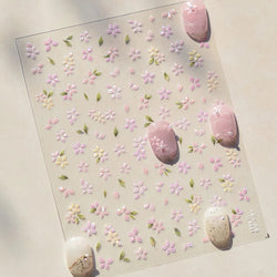 Pink Cherry Blossoms Peach Flower Petal Green Leaf Greenery 5D Embossed Relief Self Adhesive Nail Art Sticker 3D Manicure Decals (ONLINE ORDER ONLY)