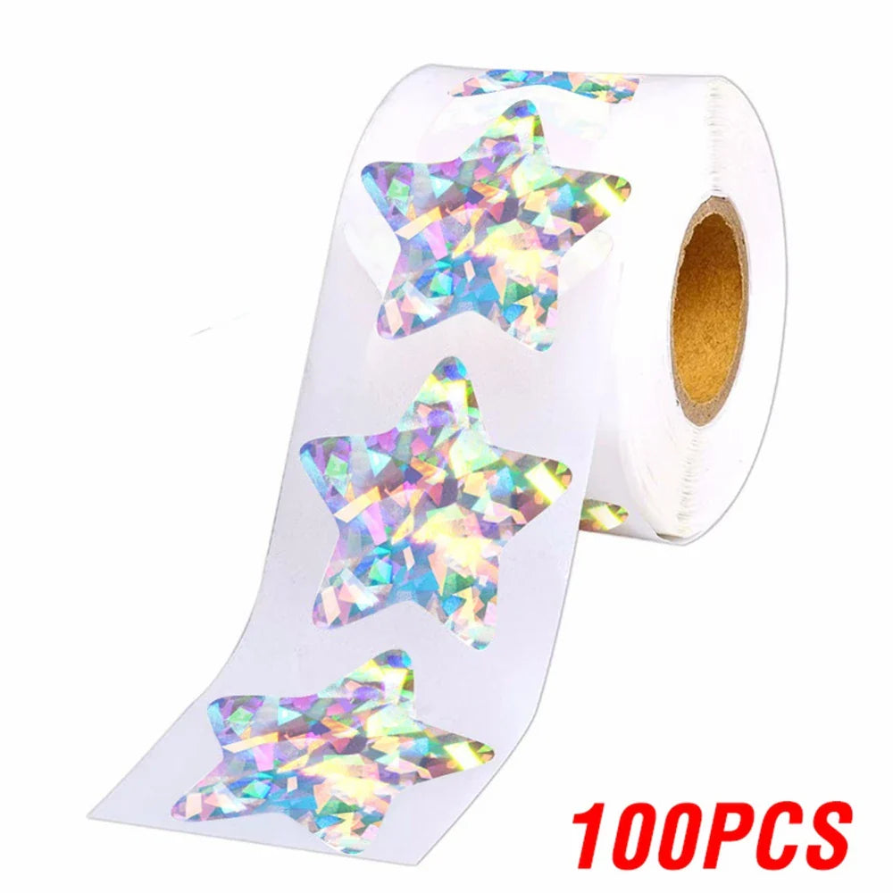 100-500pcs Holographic Star Reward Stickers Corlorful Adhesive Star Stickers Reward Chart Decorative Toy Gifts Sticker Labels (ONLINE ORDER ONLY)
