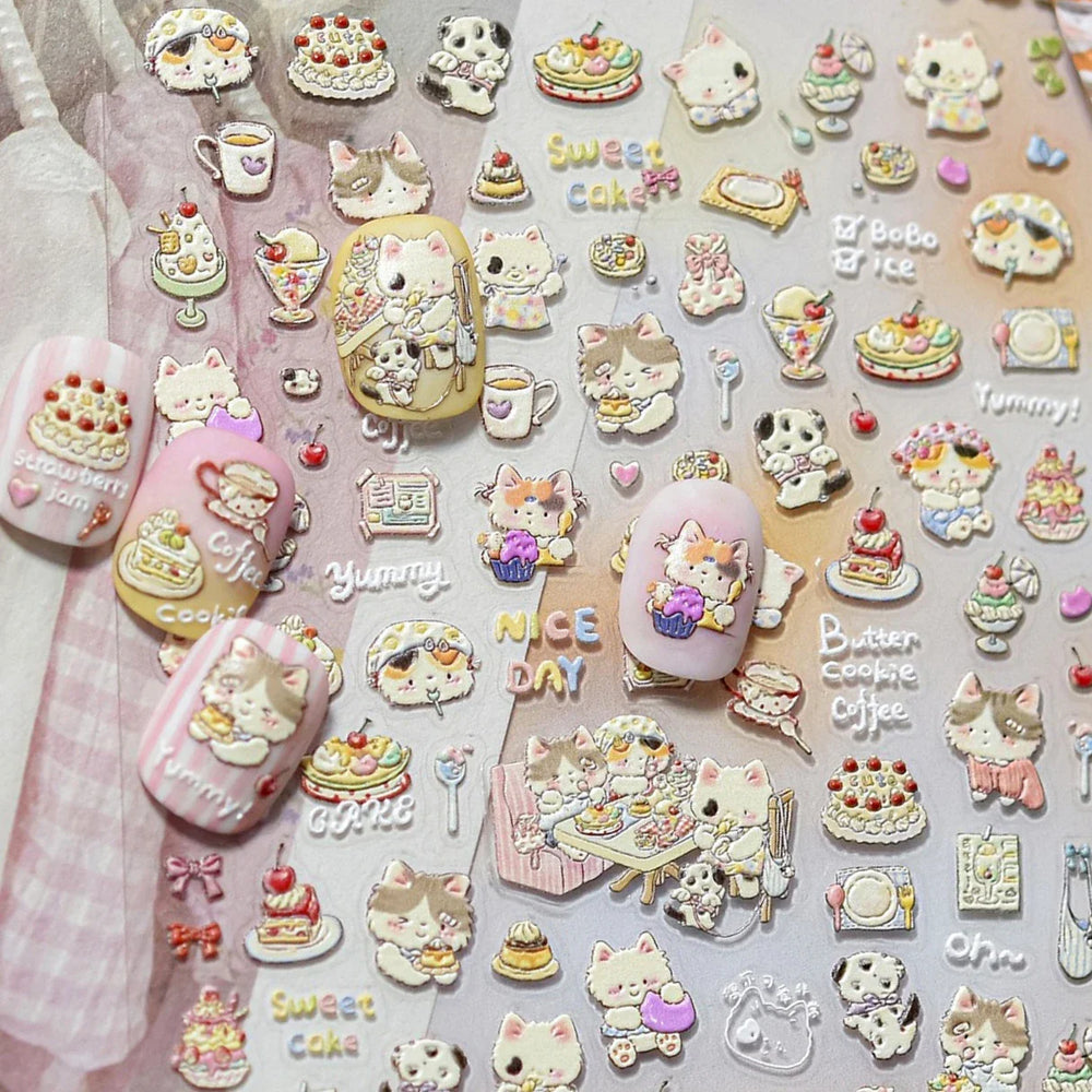 Cute Cat Cherry Sweet Cake Dog Butter Cookie Coffee Strawberry Jam Ice Cream Adhesive Nail Art Decoration Sticker Manicure Decal (Online Order Only)