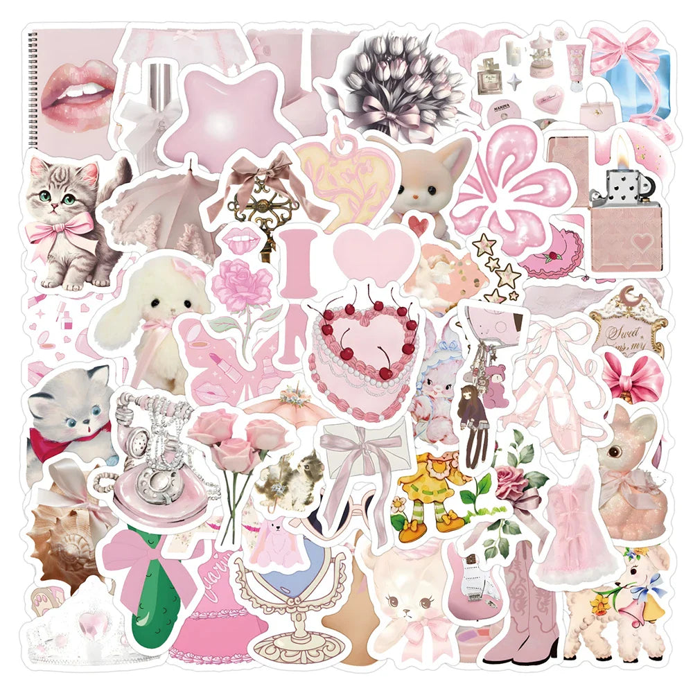 10/30/60pcs Retro Cute Coquette Pink Cartoon Stickers Decals Laptop Suitcase Scrapbook Phone Stationery Sticker for Kids Toys (ONLINE ORDER ONLY)