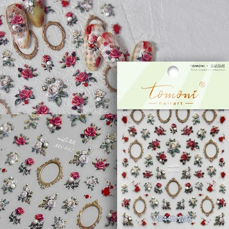 Chic Retro Rose Photo Frame Dried Flower Petal Self Adhesive Nail Art Stickers 5D Hot Stamping Relief Rhinestone Manicure Decals (Online Order Only)