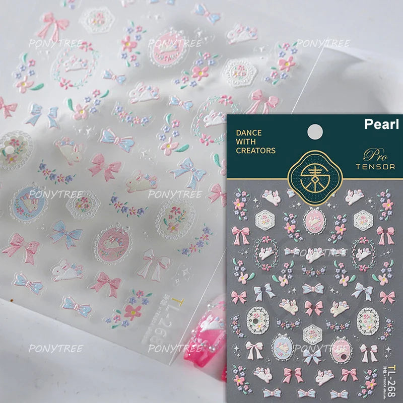 Rabbit Bunny Bear Flower Lace Bowknot Retro Frame Rose Self Adhesive Nail Art Decoration Stickers Chic Manicure Decals Wholesale (ONLINE ORDER ONLY)