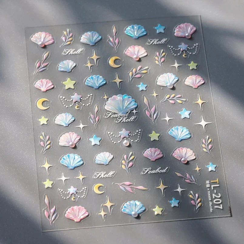 Romantic Pink Blue Shell Sea Grass Star Moon Summer Self Adhesive Nail Art Stickers Leaves Reliefs Manicure Decals Wholesale (ONLINE ORDER ONLY)