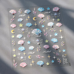 Romantic Pink Blue Shell Sea Grass Star Moon Summer Self Adhesive Nail Art Stickers Leaves Reliefs Manicure Decals Wholesale (ONLINE ORDER ONLY)