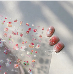 Cute White Rabbit Bunny Strawberry Flower Pudding Star Bowknot Fruit Delicate Adhesive Nail Art Sticker Charming Manicure Decal (Online Order Only)