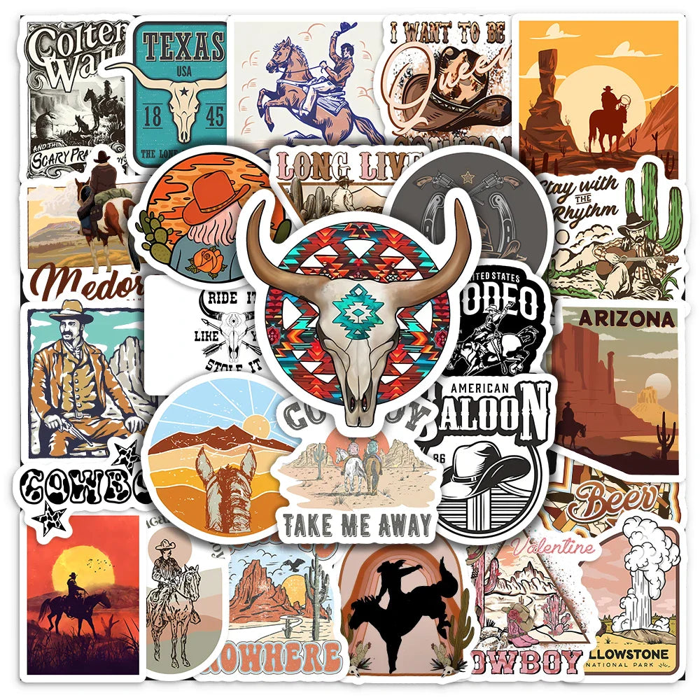 Western Cowboy Stickers Vintage Style DIY Laptop Luggage Phone Skateboard Toy Waterproof PVC (ONLINE ORDER ONLY)
